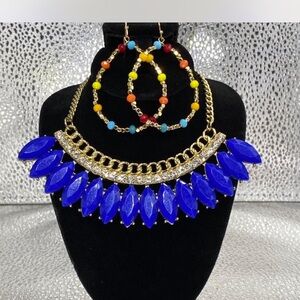 Southwestern ^^^ Electric Blue *** Iced  * Statement Necklace  /  Hoop Earrings